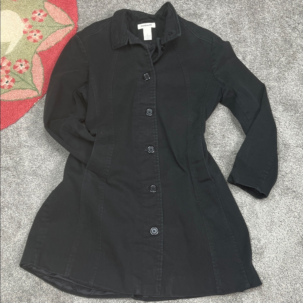 Trench Coat Black All Cotton Shorter Length Vintage Size Large